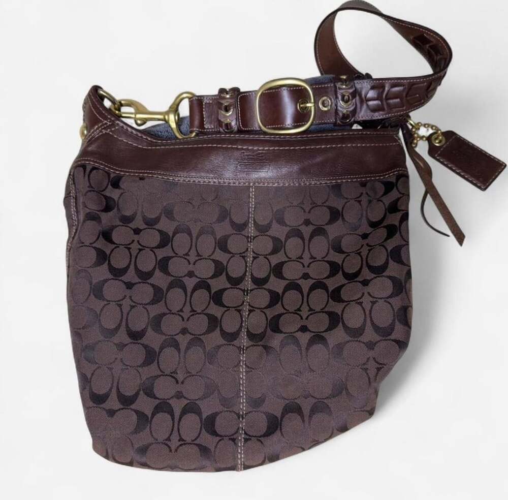 Coach Bleecker Signature C Monogram Brown Leather Bucket Shoulder Bag